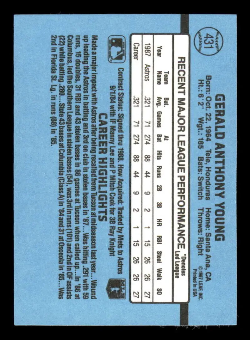 1988 Donruss #431 Gerald Young NM-MT Houston Astros Baseball Card - Baseball Card Single