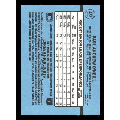 1988 Donruss #433 Paul O'Neill EX Cincinnati Reds Baseball Card Image 2