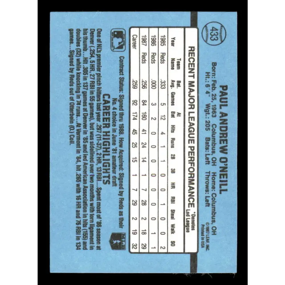 1988 Donruss #433 Paul O’Neill EX Cincinnati Reds Baseball Card - Baseball Card Single