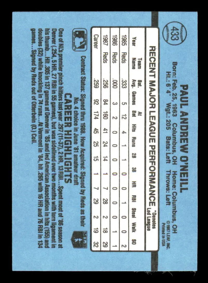 1988 Donruss #433 Paul O’Neill NM-MT Cincinnati Reds Baseball Card - Baseball Card Single