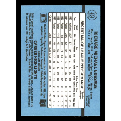 1988 Donruss #434 Rich Gossage EX San Diego Padres Baseball Card Image 2