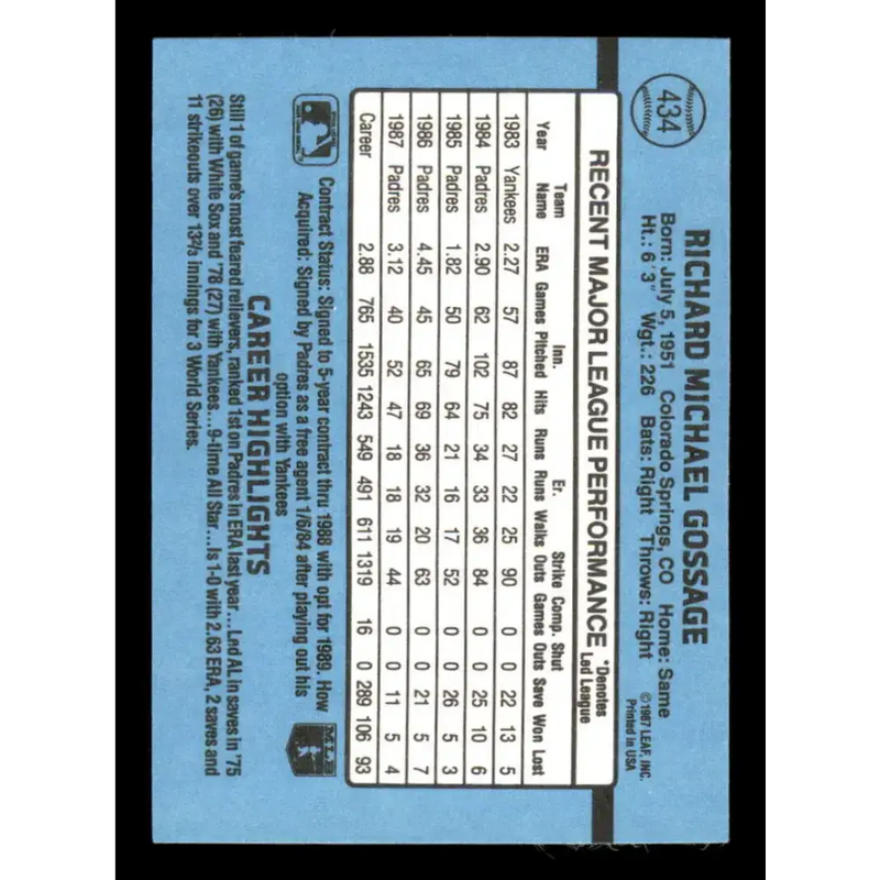 1988 Donruss #434 Rich Gossage EX San Diego Padres Baseball Card - Baseball Card Single