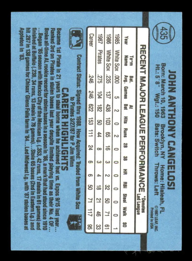 1988 Donruss #435 John Cangelosi NM-MT Pittsburgh Pirates Baseball Card - Baseball Card Single