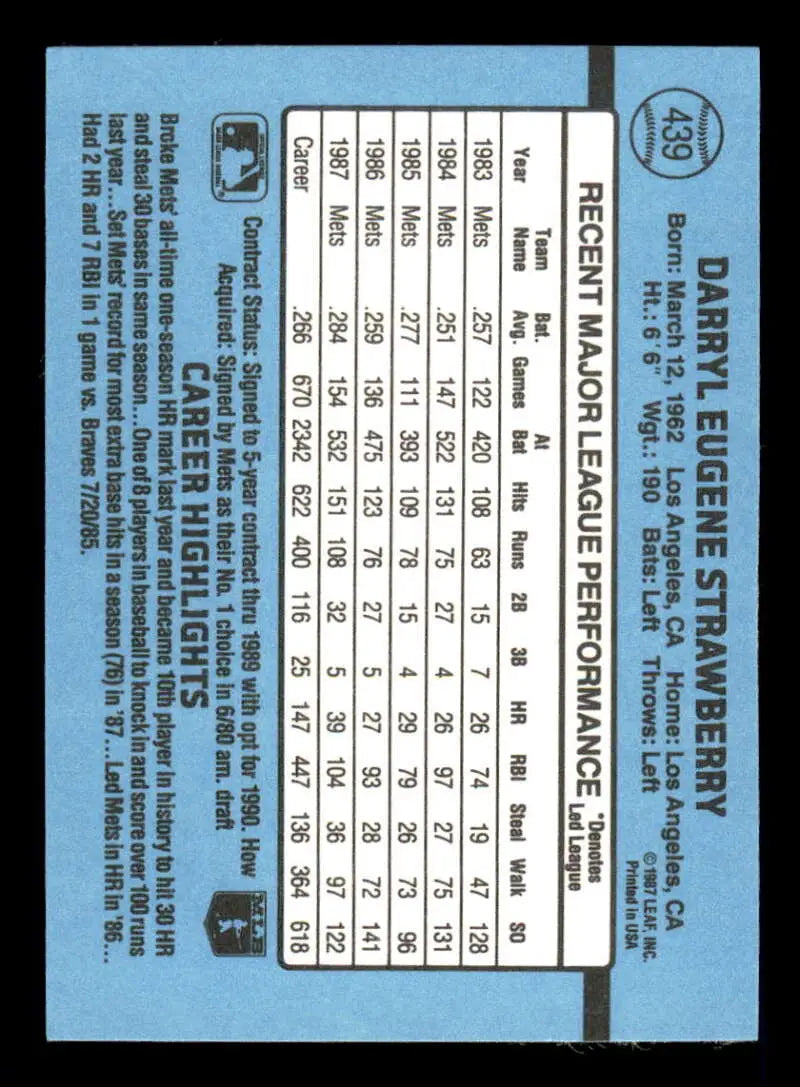 1988 Donruss #439 Darryl Strawberry NM-MT New York Mets Baseball Card - Baseball Card Single