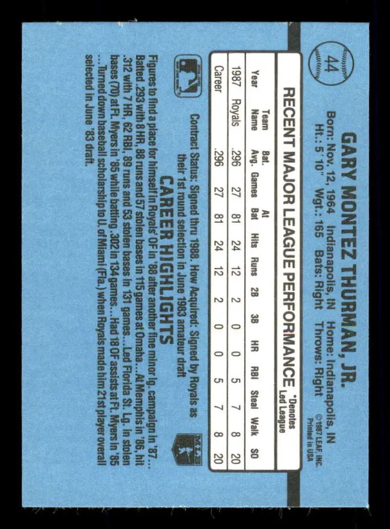 1988 Donruss #44 Gary Thurman NM-MT Kansas City Royals Baseball Card - Baseball Card Single