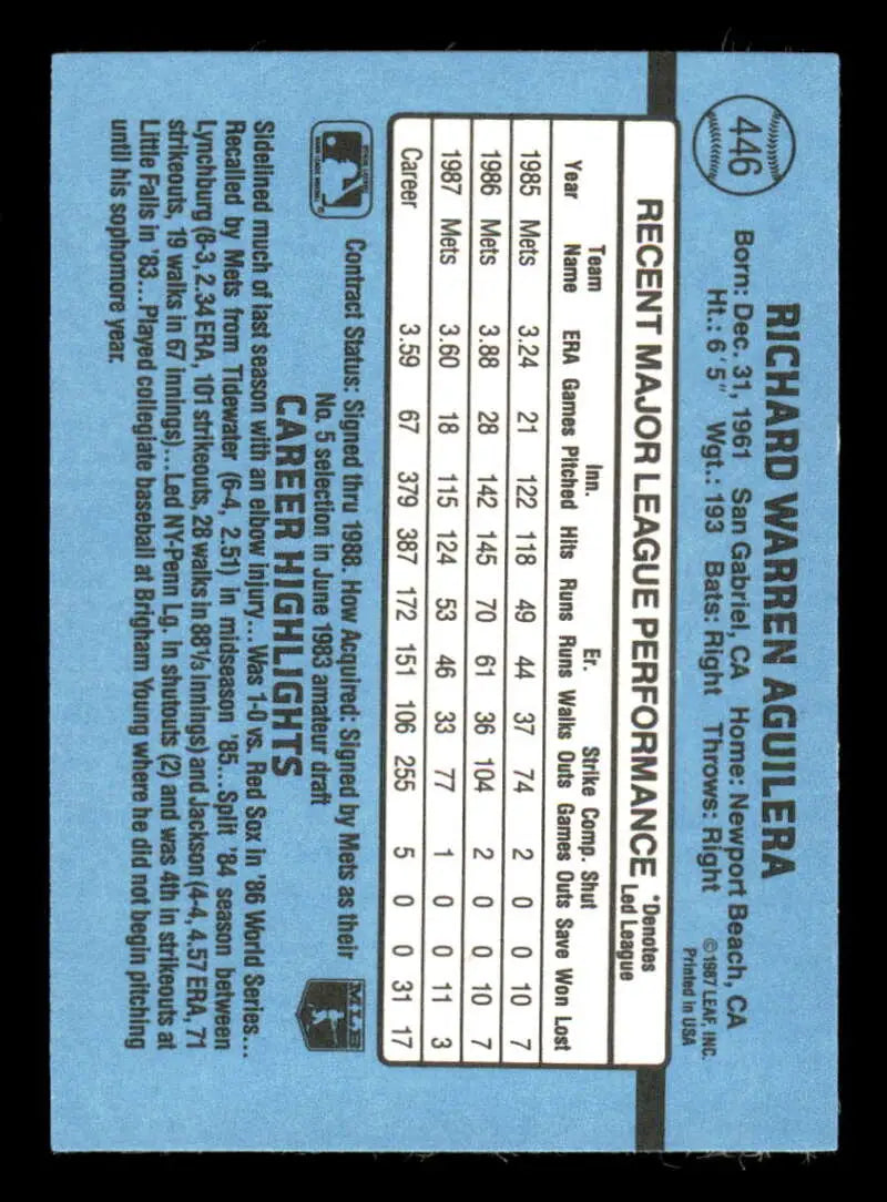 1988 Donruss #446 Rick Aguilera NM-MT New York Mets Baseball Card - Baseball Card Single