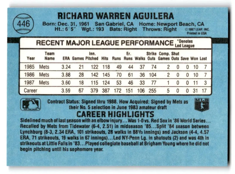 1988 Donruss #446a Rick Aguilera - Baseball Card Single