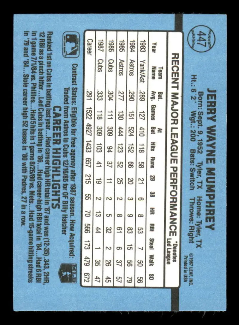 1988 Donruss #447 Jerry Mumphrey NM-MT Chicago Cubs Baseball Card - Baseball Card Single
