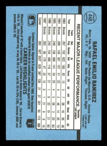 1988 Donruss #448 Rafael Ramirez NM Near Mint Braves - Baseball Card Single