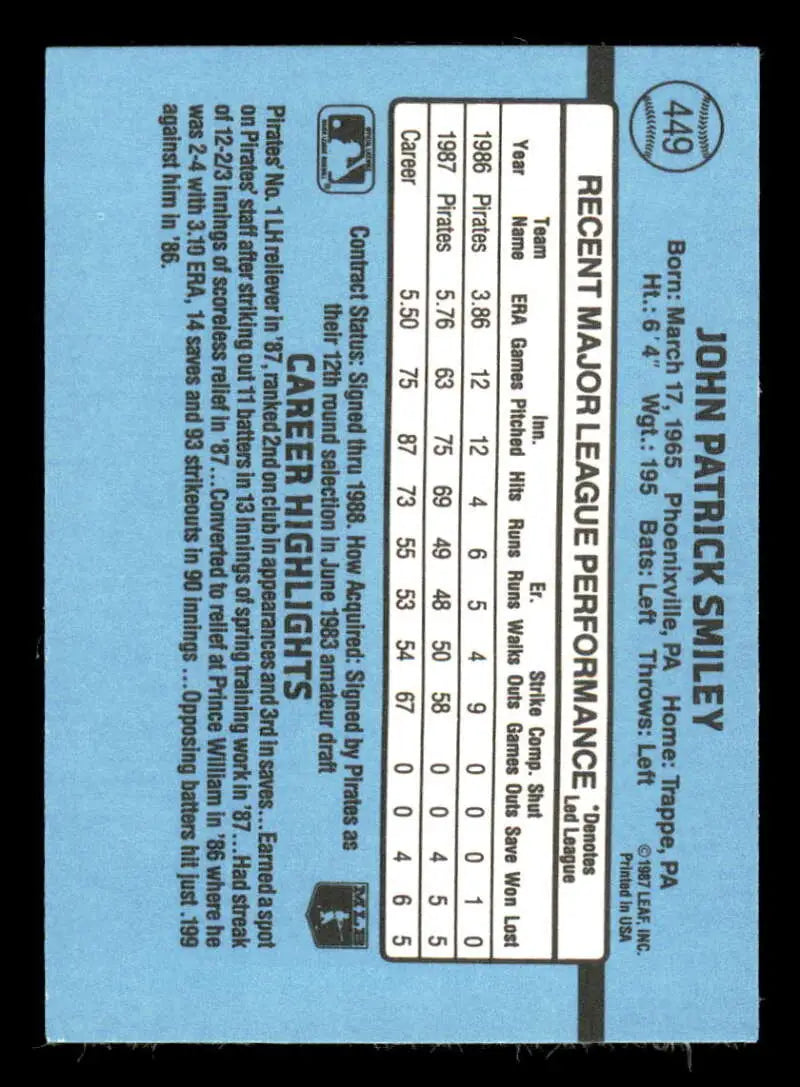 1988 Donruss #449 John Smiley NM-MT RC Rookie Pittsburgh Pirates Baseball Card - Baseball Card Single