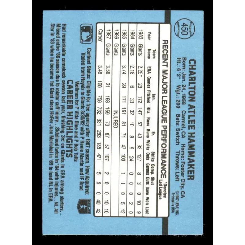 1988 Donruss #450 Atlee Hammaker EX San Francisco Giants Baseball Card - Baseball Card Single