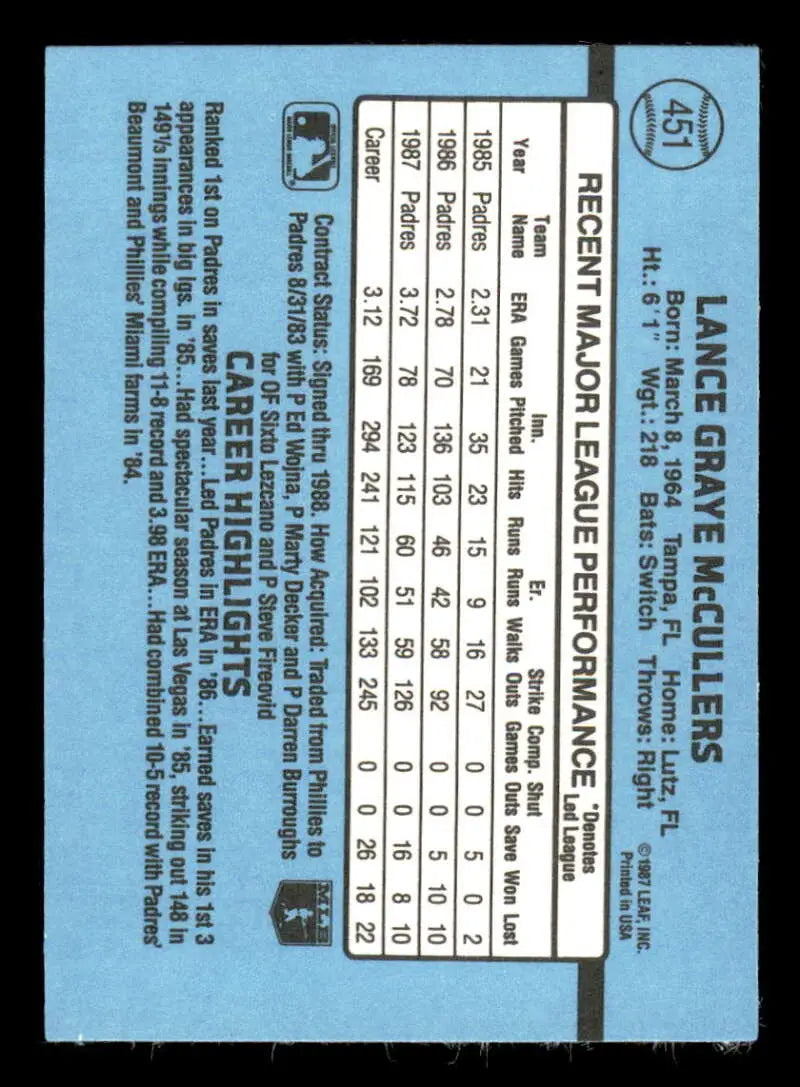 1988 Donruss #451 Lance McCullers NM-MT San Diego Padres Baseball Card - Baseball Card Single
