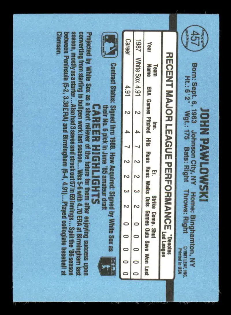 1988 Donruss #457 John Pawlowski NM-MT Chicago White Sox Baseball Card - Baseball Card Single