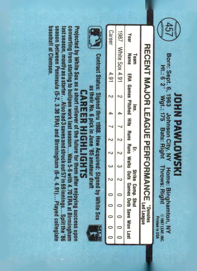 Back of 1988 Donruss John Pawlowski baseball trading card 457c John Pawlowski