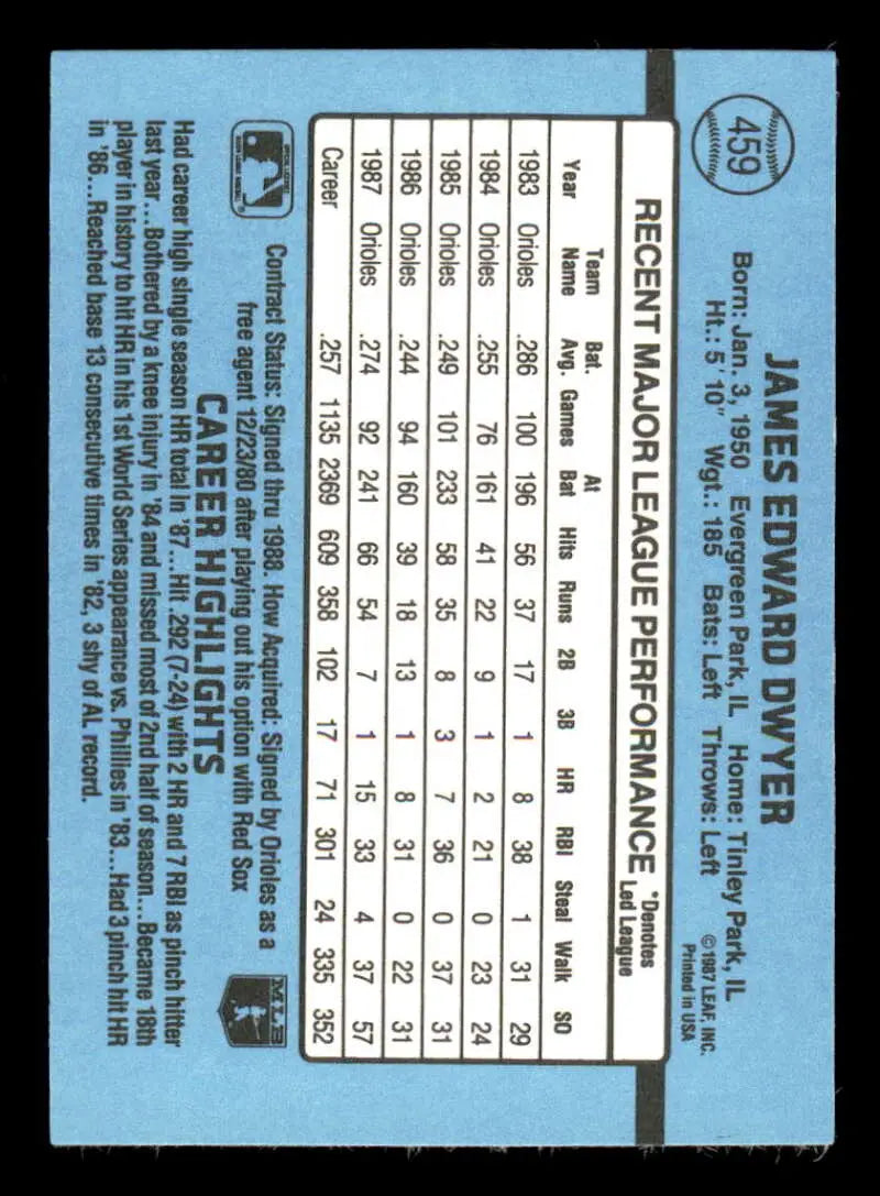 1988 Donruss #459 Jim Dwyer NM-MT Baltimore Orioles Baseball Card - Baseball Card Single