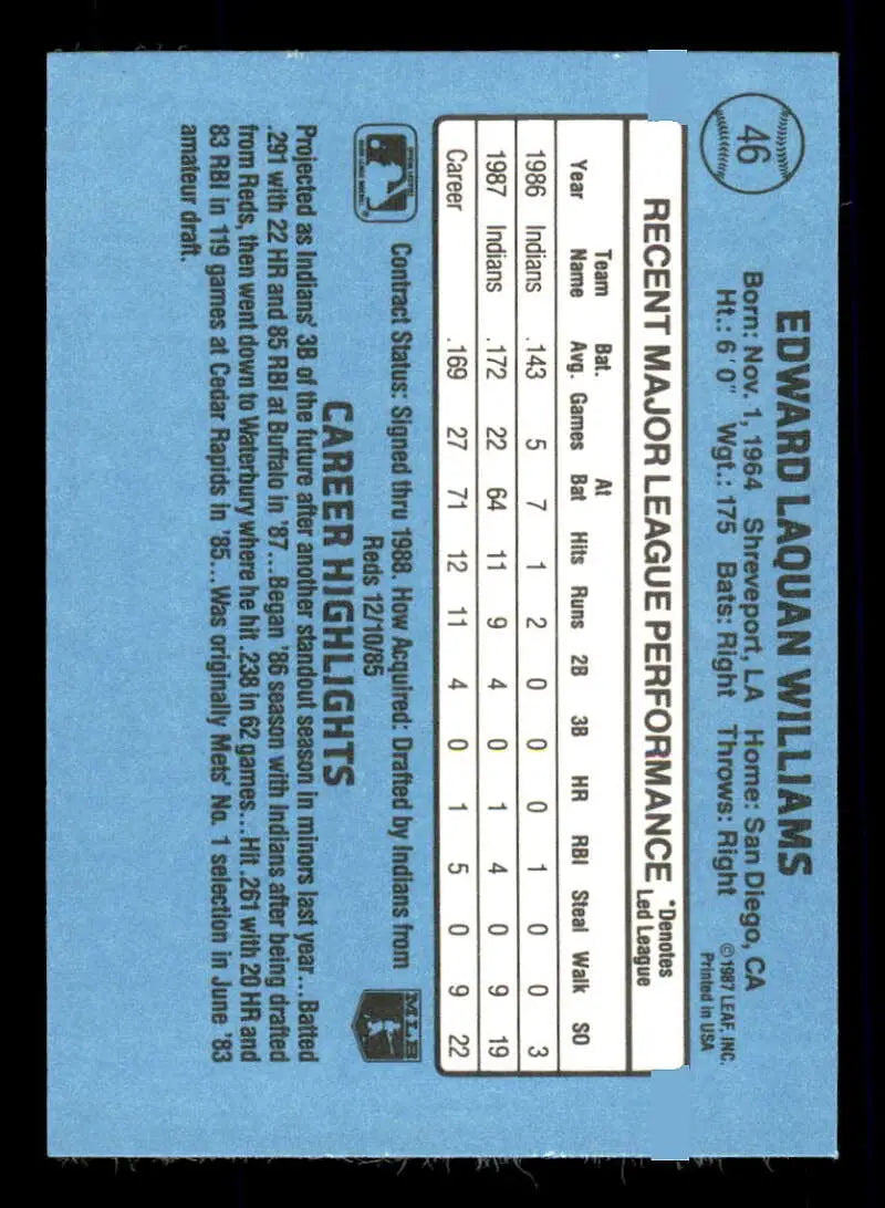 1988 Donruss #46 Eddie Williams NM-MT RC Rookie Cleveland Indians Baseball Card - Baseball Card Single