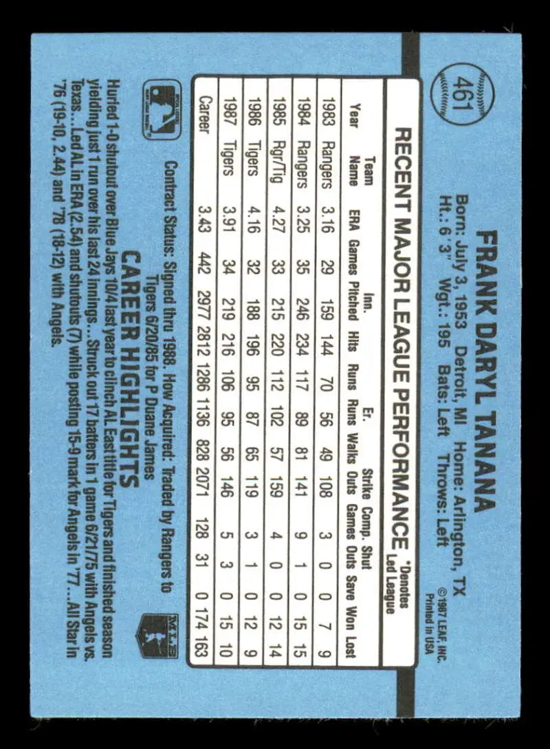 1988 Donruss #461 Frank Tanana NM-MT Detroit Tigers Baseball Card - Baseball Card Single