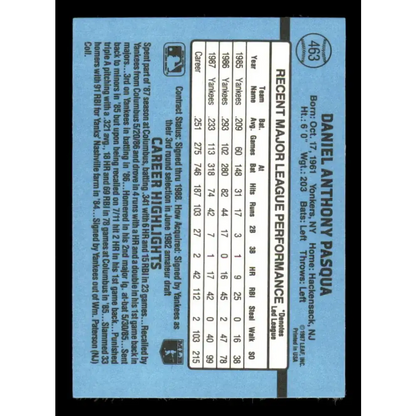 1988 Donruss #463 Dan Pasqua EX New York Yankees Baseball Card
