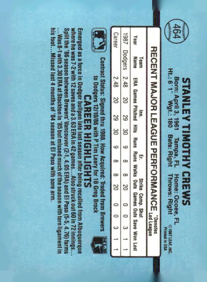 Back of a 1988 Donruss Tim Crews baseball trading card featuring Tim Crews of the Los Angeles Dodgers