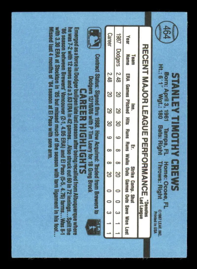 1988 Donruss #464 Tim Crews NM-MT RC Rookie Los Angeles Dodgers Baseball Card - Baseball Card Single