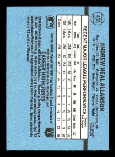 1988 Donruss #465 Andy Allanson NM Near Mint Indians - Baseball Card Single