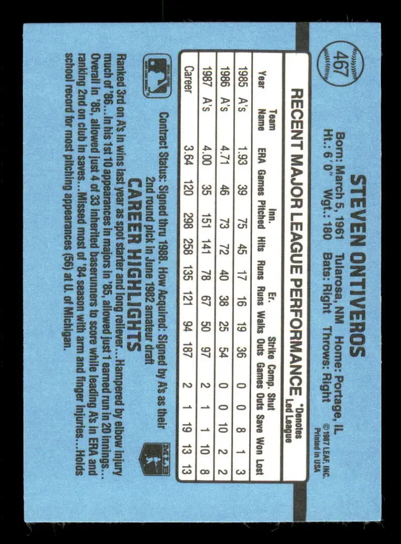 1988 Donruss #467 Steve Ontiveros NM-MT Oakland Athletics Baseball Card - Baseball Card Single