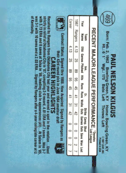 Paul Kilgus baseball card 1988 Donruss #469 with career stats and highlights