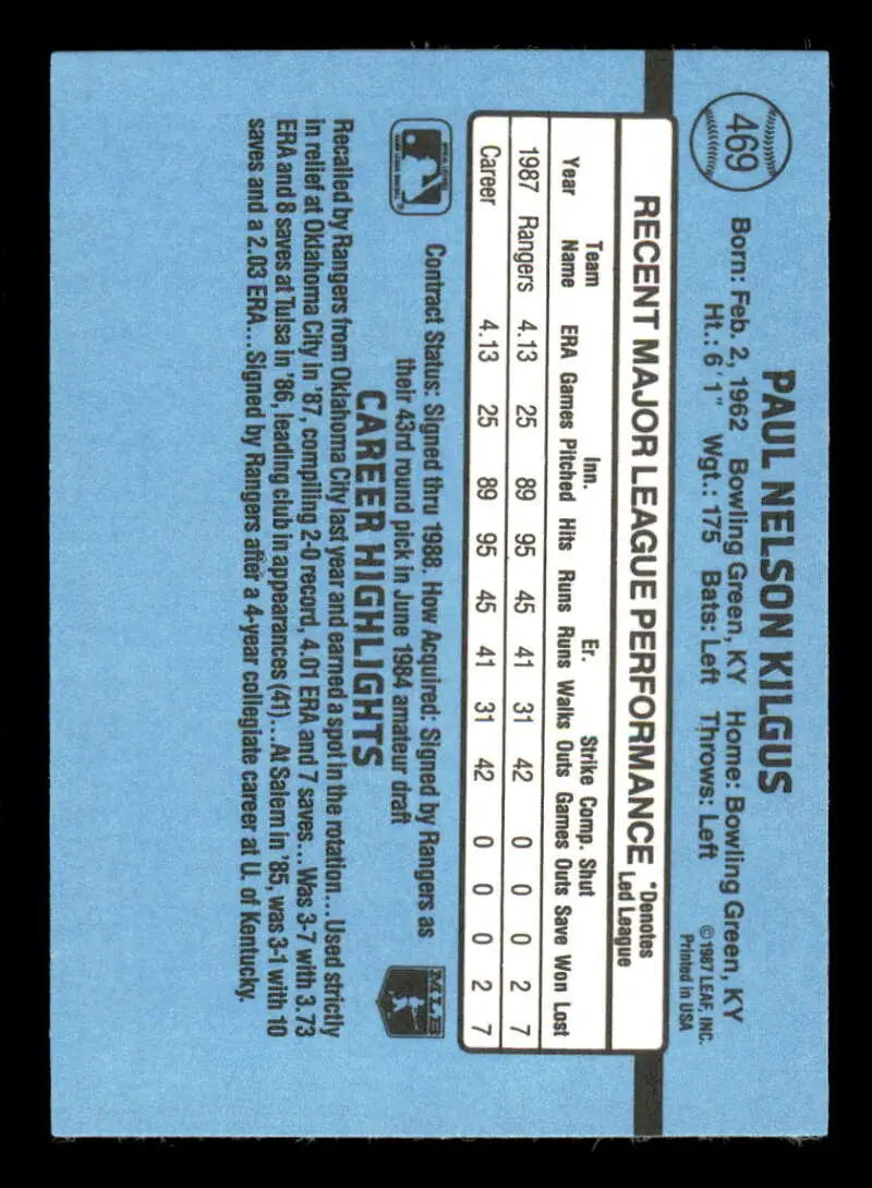 1988 Donruss #469 Paul Kilgus NM-MT RC Rookie Texas Rangers Baseball Card - Baseball Card Single