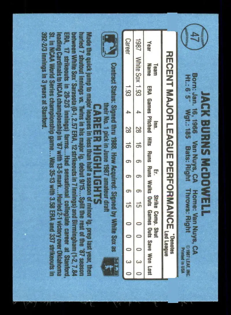 1988 Donruss #47 Jack McDowell NM-MT RC Rookie Chicago White Sox Baseball Card - Baseball Card Single