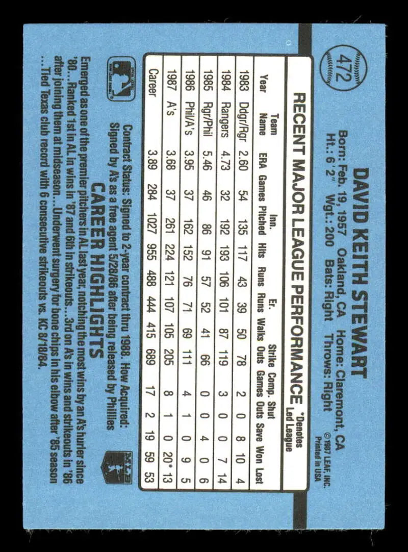 1988 Donruss #472 Dave Stewart NM-MT Oakland Athletics Baseball Card - Baseball Card Single