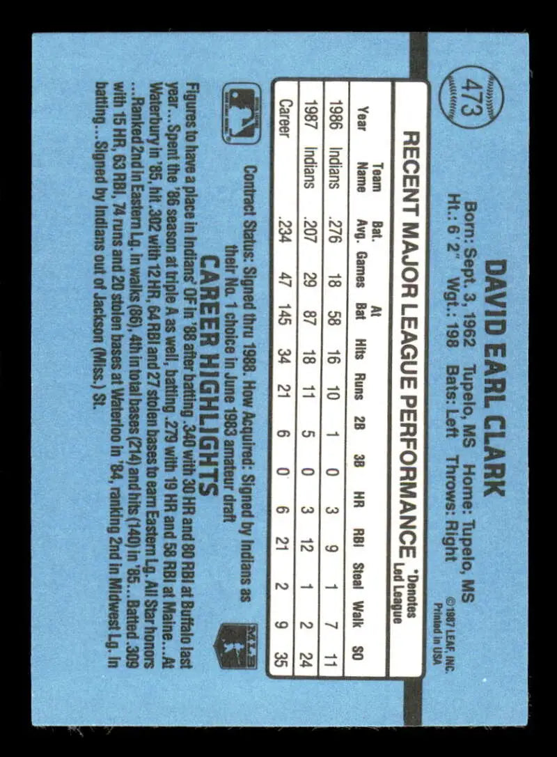 1988 Donruss #473 Dave Clark NM-MT Cleveland Indians Baseball Card - Baseball Card Single