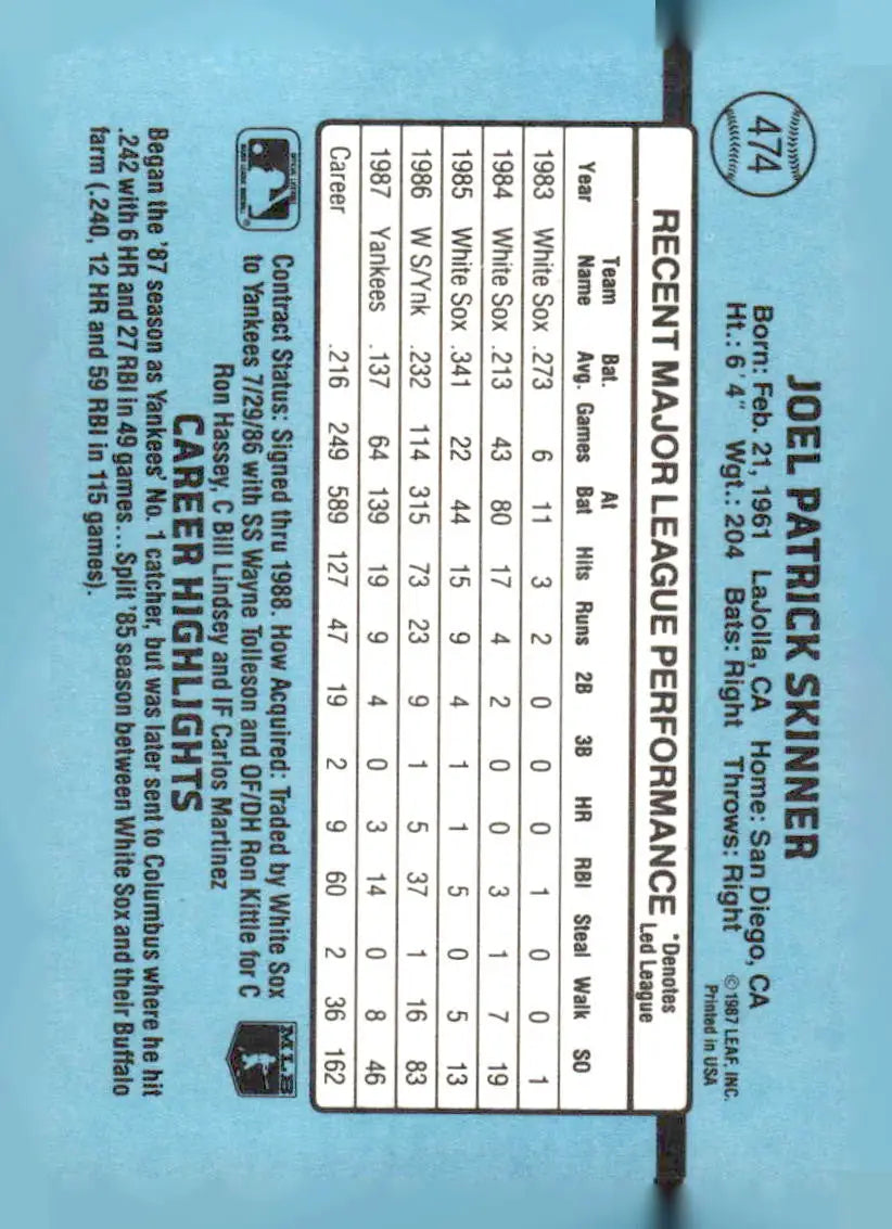 1988 Donruss Joel Skinner baseball card featuring Joel Skinner player memorabilia