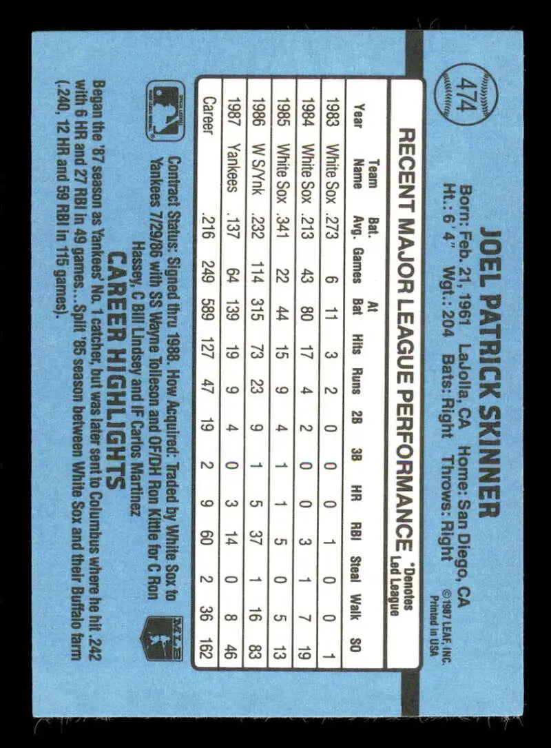 1988 Donruss #474 Joel Skinner NM-MT New York Yankees Baseball Card - Baseball Card Single