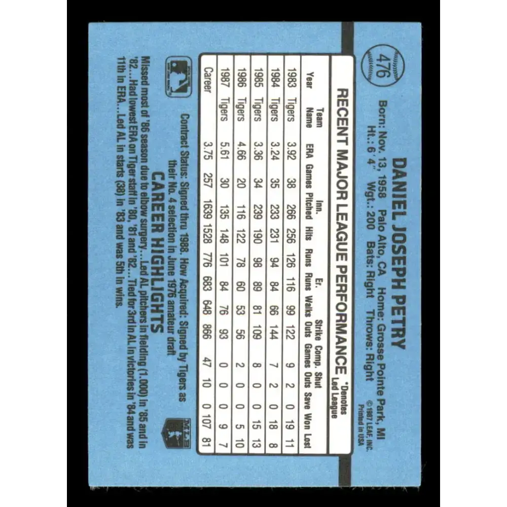 1988 Donruss #476 Dan Petry EX Detroit Tigers Baseball Card - Baseball Card Single