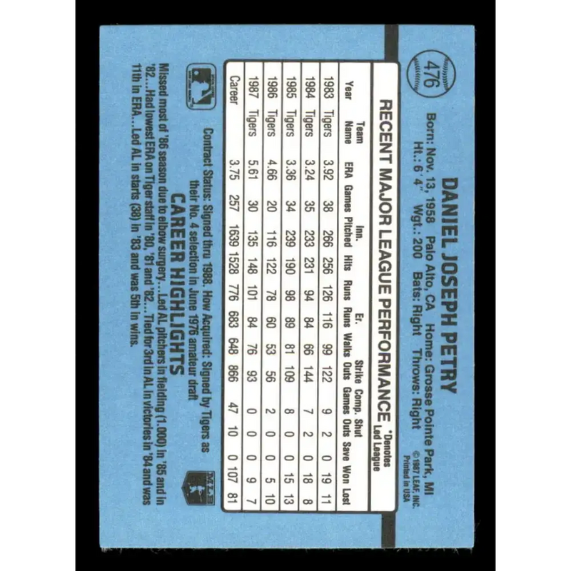 1988 Donruss #476 Dan Petry EX Detroit Tigers Baseball Card - Baseball Card Single