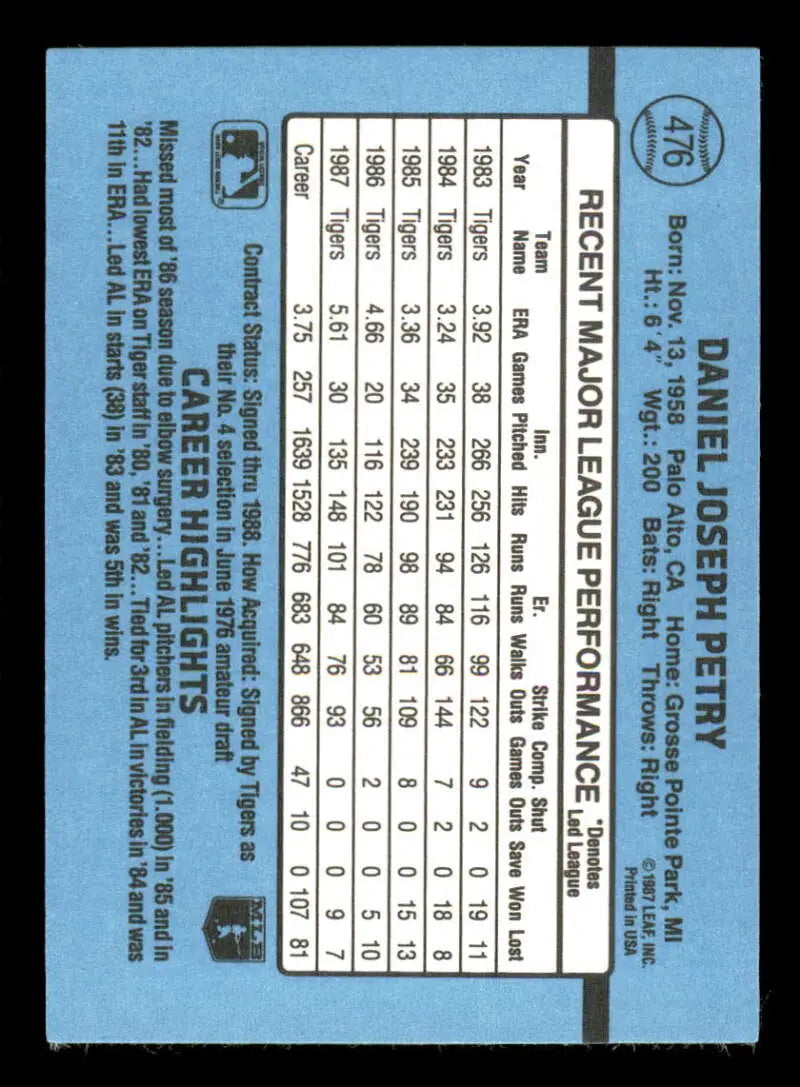 1988 Donruss #476 Dan Petry NM-MT Detroit Tigers Baseball Card - Baseball Card Single