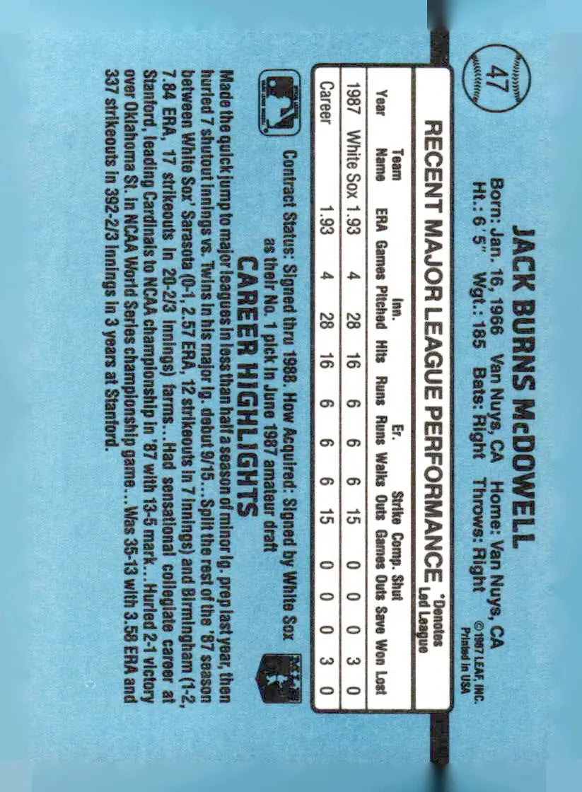 Baseball card of Jack McDowell 47c Jack McDowell showcasing career highlights and recent MLB stats