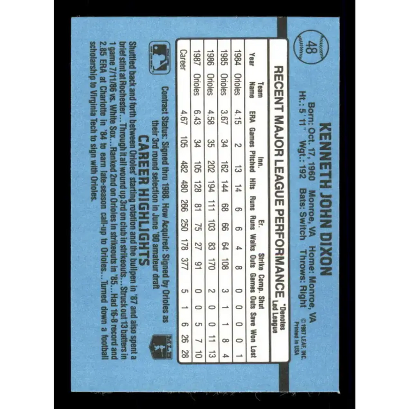 1988 Donruss #48 Ken Dixon EX Baltimore Orioles Baseball Card - Baseball Card Single