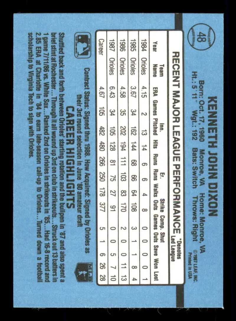 1988 Donruss #48 Ken Dixon NM-MT Baltimore Orioles Baseball Card - Baseball Card Single