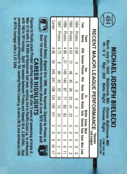 Vintage 1988 Donruss Mike Bielecki baseball card with stats and career highlights