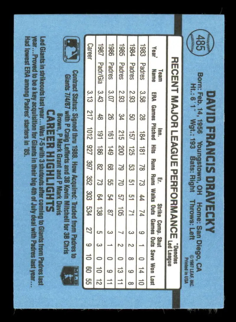 1988 Donruss #485 Dave Dravecky NM-MT San Francisco Giants Baseball Card - Baseball Card Single