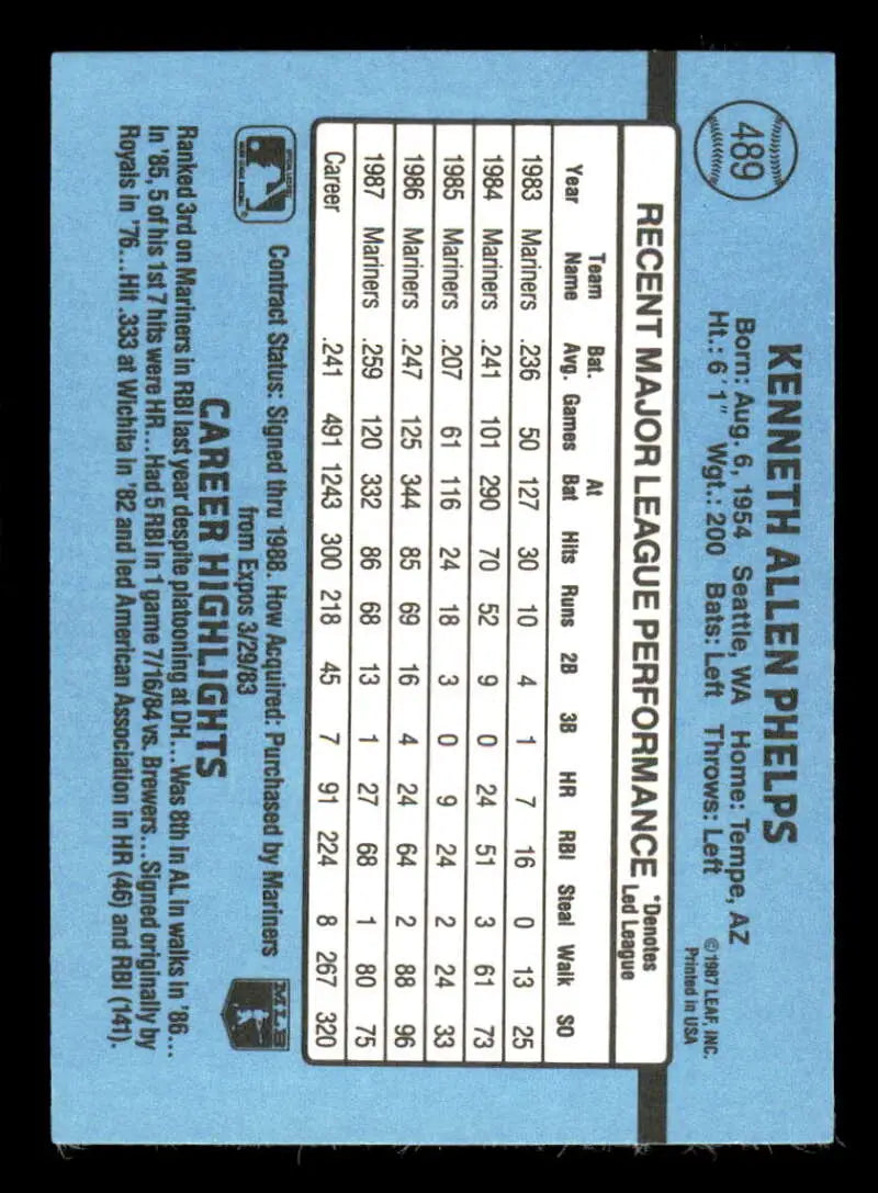 1988 Donruss #489 Ken Phelps NM-MT Seattle Mariners Baseball Card - Baseball Card Single