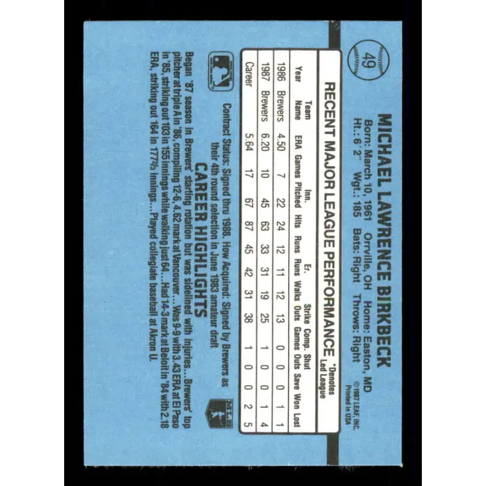 1988 Donruss #49 Mike Birkbeck EX Milwaukee Brewers Baseball Card