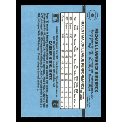 1988 Donruss #49 Mike Birkbeck EX Milwaukee Brewers Baseball Card