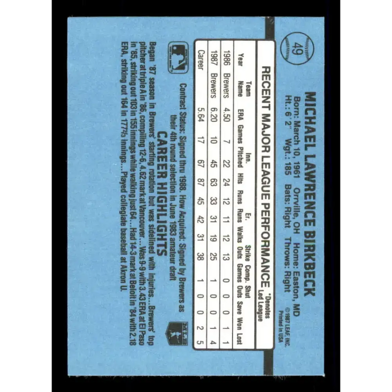 1988 Donruss #49 Mike Birkbeck EX Milwaukee Brewers Baseball Card - Baseball Card Single