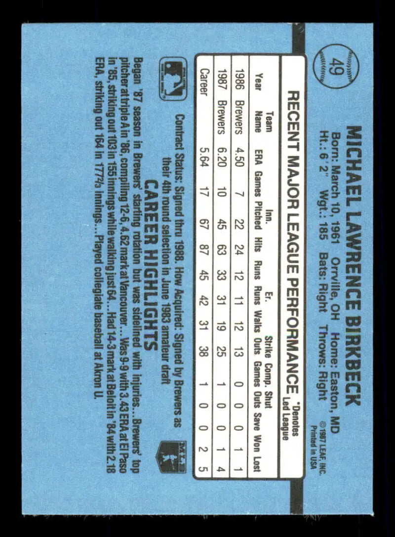 1988 Donruss #49 Mike Birkbeck NM-MT Milwaukee Brewers Baseball Card - Baseball Card Single