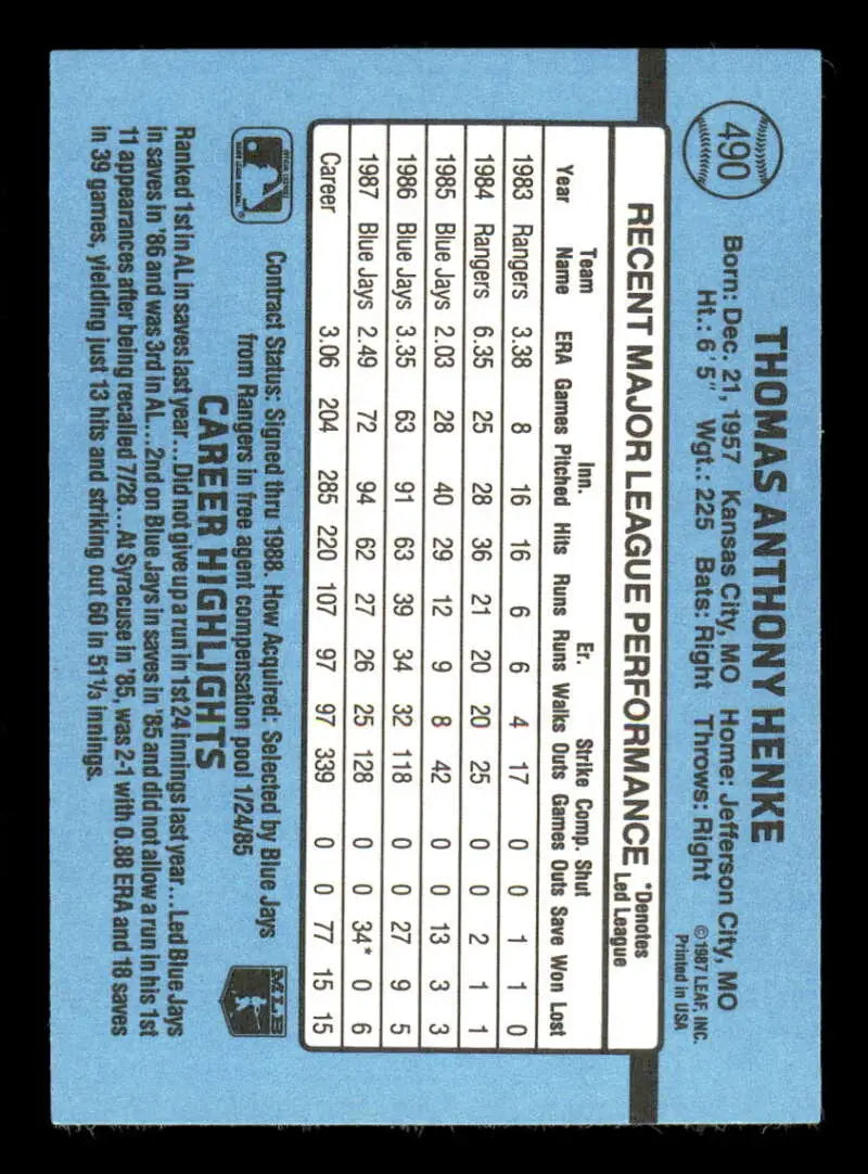 1988 Donruss #490 Tom Henke NM-MT Toronto Blue Jays Baseball Card - Baseball Card Single