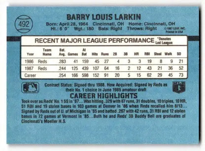 1988 Donruss #492 Barry Larkin Cincinnati Reds Baseball Cards EX/NM ID:64476