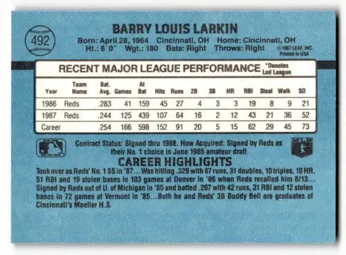 1988 Donruss #492 Barry Larkin Cincinnati Reds Baseball Cards EX/NM ID:64476 - Baseball Card Single