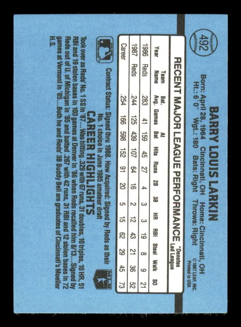 1988 Donruss #492 Barry Larkin NM-MT Cincinnati Reds Baseball Card - Baseball Card Single